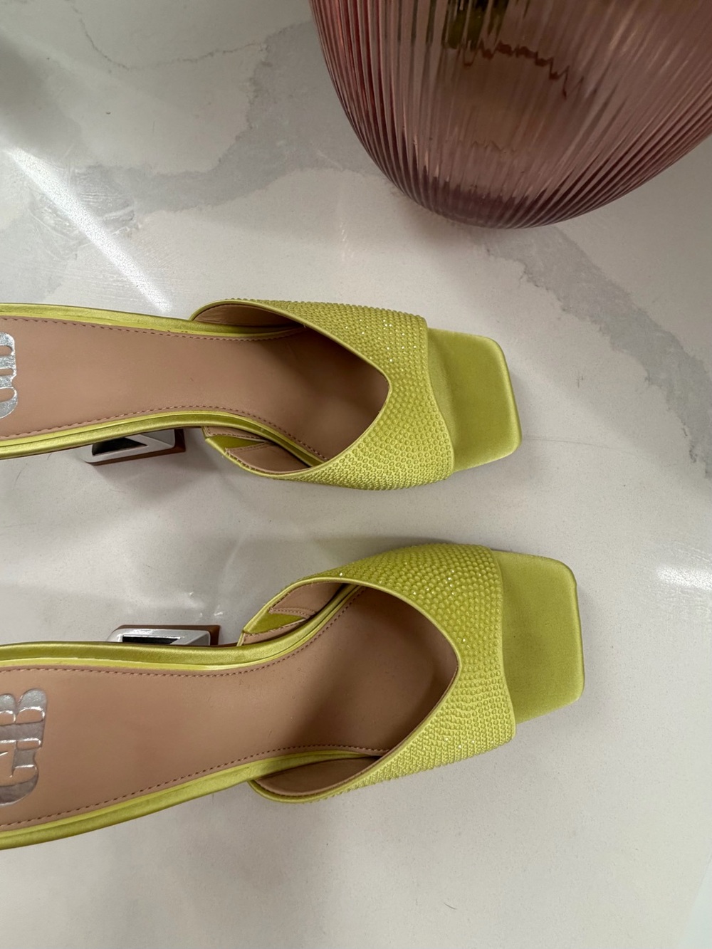 Gianni Bini - Lime Rhinestone Satin Mule Heels - New - 37